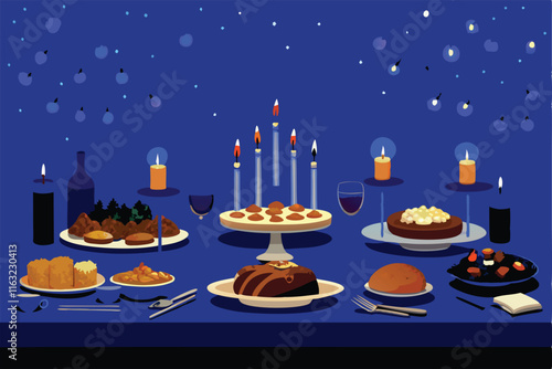 A lavish New Year's Eve feast  roasted meats, glistening vegetables, festive bread, sparkling cider, and elegant tableware on a richly set table.
