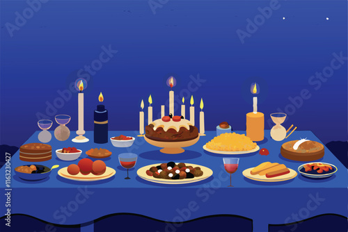 A lavish New Year's Eve feast  abundant traditional dishes, glistening silverware, celebratory drinks, and festive decorations on a richly set table.