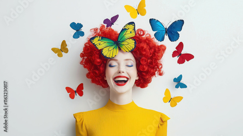 Whimsical Portrait of a Laughing Woman with Colorful Butterflies in Her Hair