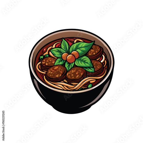 Create a vibrant vector illustration of a steaming bowl of Thai boat noodles, showcasing rich broth, noodles, and various toppings.