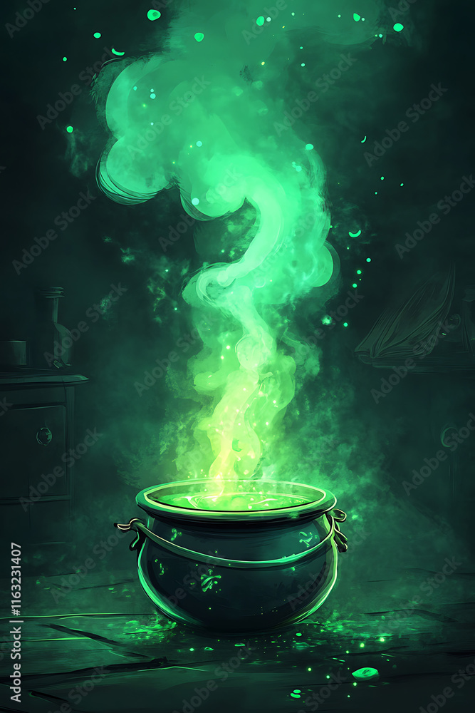 A glowing green potion simmers in a cauldron, emitting mystical smoke in a dark setting. A glowing green potion simmers in a cauldron, emitting mystical smoke in a dark setting.