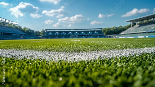 A beautiful football stadium, the camera is low to the ground near the center of the field