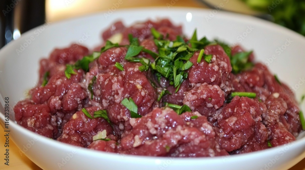 A close-up of ground beef in a bowl, surrounded by fresh herbs and spices, emphasizing its texture and inviting preparation for cooking. A close-up of ground beef in a bowl, surrounded by fresh herbs and spices, emphasizing its texture and inviting preparation for cooking.