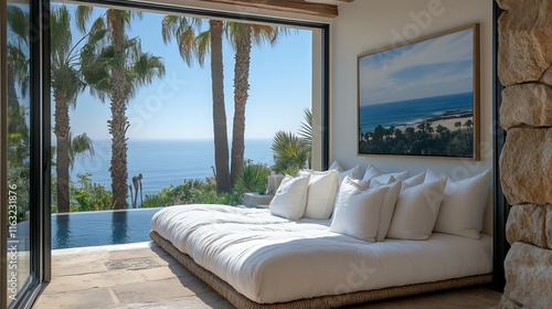 comfy couch bed of a Luxury San Diego La Jolla home with views of palm trees