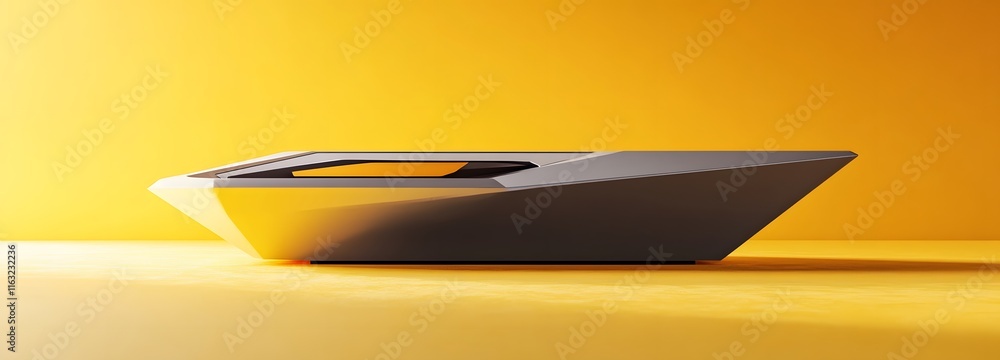 A geometric podium with sharp angles and a spacious display area, set against a soft yellow background. A geometric podium with sharp angles and a spacious display area, set against a soft yellow background.