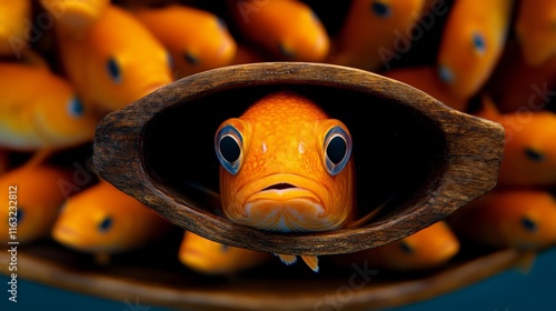 Fish in a Wooden Bowl: A single goldfish stares out with wide eyes from the confines of a wooden bowl, surrounded by a school of its brethren.  A powerful image exploring themes of confinement. photo