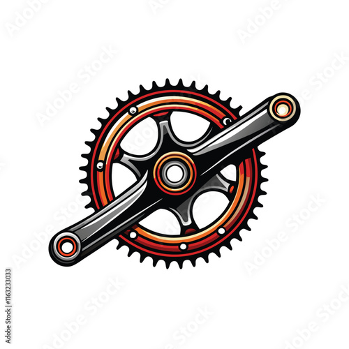 Create a detailed vector illustration of a bicycle crankset, showcasing chainrings, spider, and crank arms.  Include realistic details and precise dimensions.