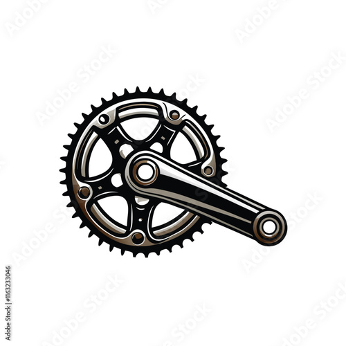 Create a highly detailed vector illustration of a bicycle crankset, showcasing its intricate components and mechanical details.  Include chainrings, spider, and bottom bracket interface.