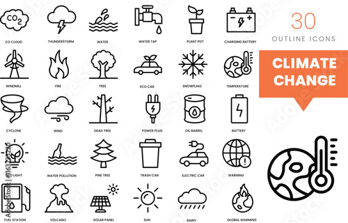 Set of minimalist linear climate change icons. Vector illustration