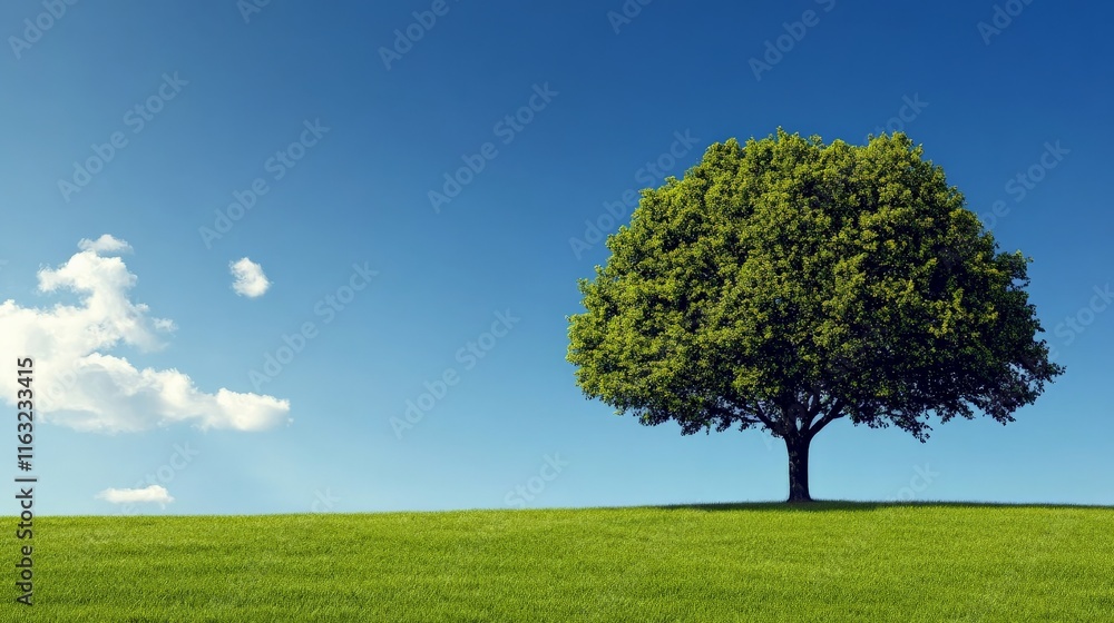 Obraz premium Solitary Tree on a Hilltop: A single, vibrant green tree stands tall on a lush green hill, reaching toward a bright blue sky dotted with fluffy white clouds.