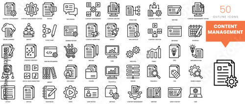 Set of minimalist linear content management icons. Vector illustration