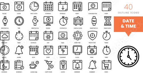 Set of minimalist linear date and time icons. Vector illustration