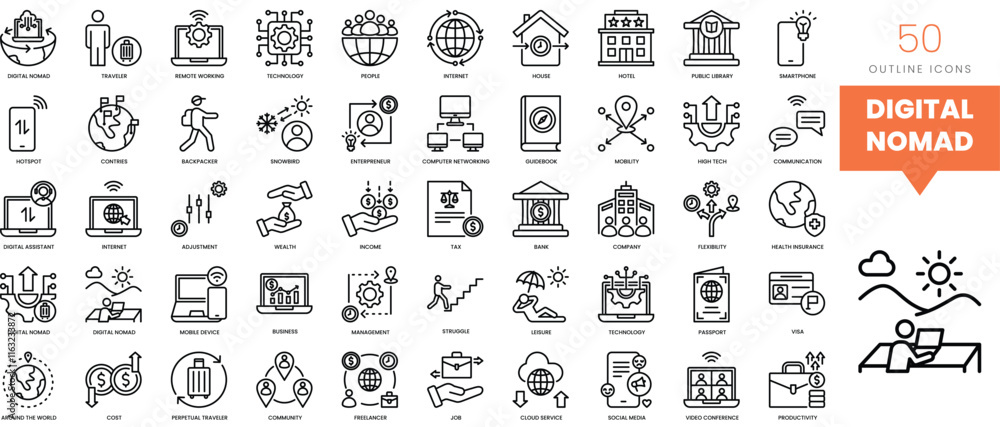 Set of minimalist linear digital nomad icons. Vector illustration Set of minimalist linear digital nomad icons. Vector illustration