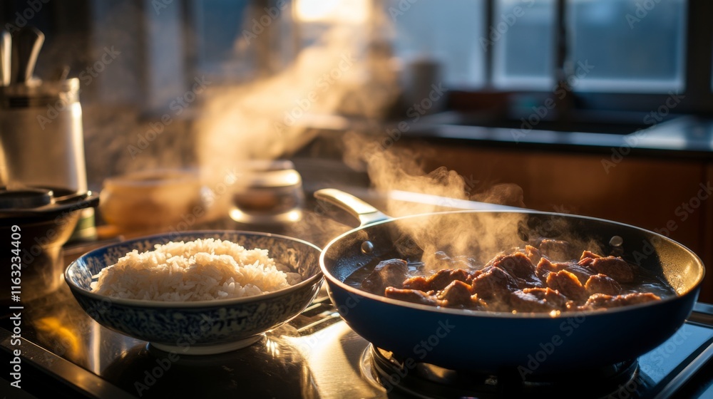 A serene kitchen scene with a pot of beef simmering on the stove beside a bowl of freshly cooked rice, showcasing the comforting preparation of a home-cooked meal. A serene kitchen scene with a pot of beef simmering on the stove beside a bowl of freshly cooked rice, showcasing the comforting preparation of a home-cooked meal.