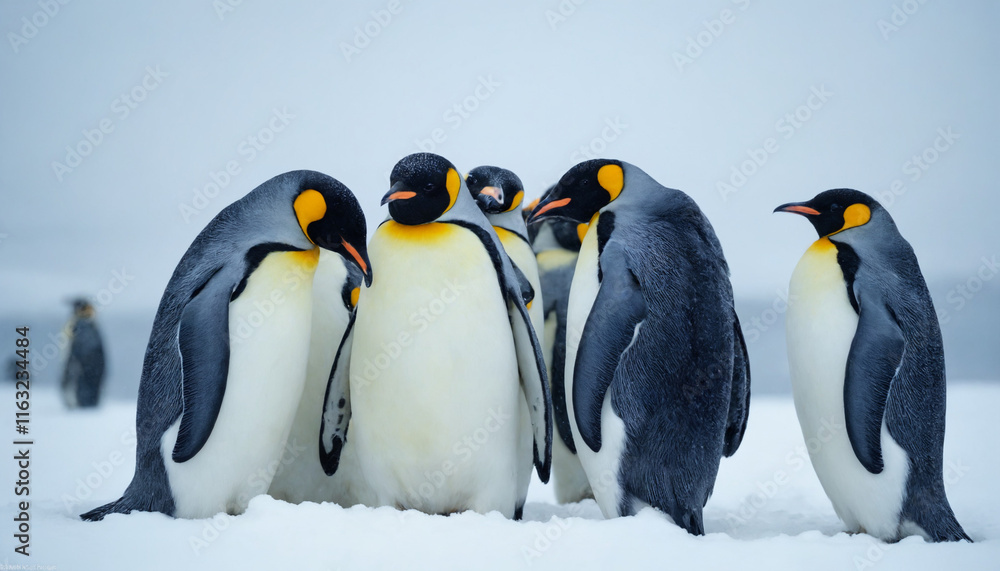 Fototapeta premium Group of emperor penguins huddling together in the snow during winter