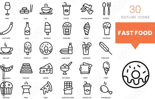Set of minimalist linear fast food icons. Vector illustration