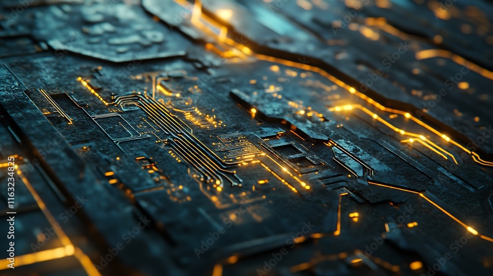 Obraz premium Close-up of a futuristic, dark metallic circuit board with glowing orange lines.