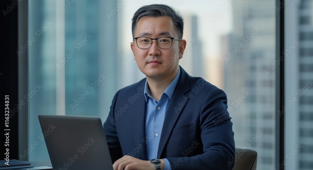Confident Asian Businessman Working on Laptop in Modern Office Confident Asian Businessman Working on Laptop in Modern Office