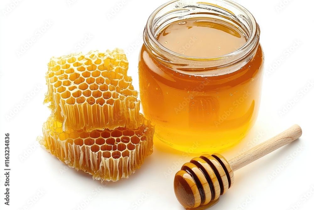 Golden Honey in Jar with Honeycomb Pieces Golden Honey in Jar with Honeycomb Pieces