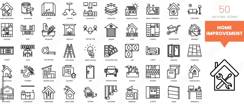 Set of minimalist linear home improvement icons. Vector illustration