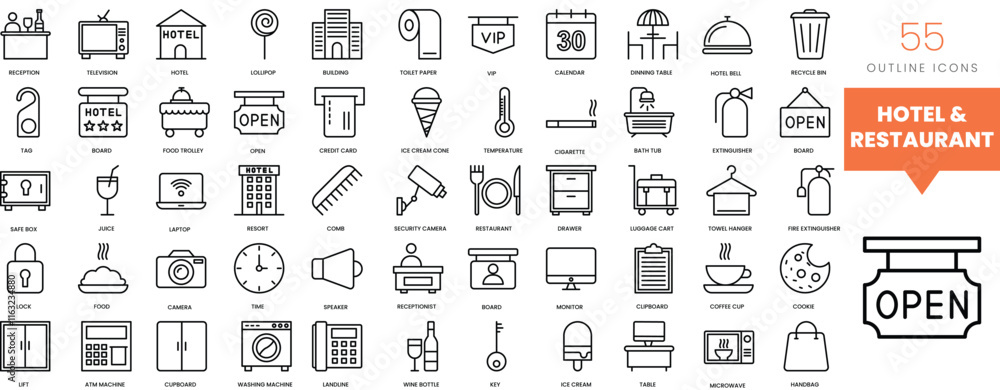 Set of minimalist linear hotel and restaurant icons. Vector illustration Set of minimalist linear hotel and restaurant icons. Vector illustration
