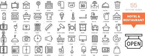 Set of minimalist linear hotel and restaurant icons. Vector illustration