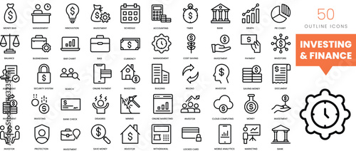 Set of minimalist linear investing and finance icons. Vector illustration