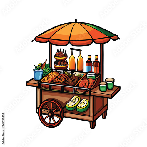 Vibrant vector illustration of a bustling Thai street food market, showcasing diverse vendors and delicious dishes.