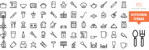 Set of minimalist linear kitchen items icons. Vector illustration