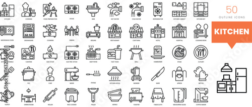 Set of minimalist linear kitchen icons. Vector illustration