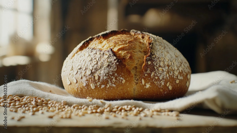 A warm loaf of whole grain bread placed on a linen cloth, surrounded by scattered grains and seeds, emphasizing its wholesome nature. A warm loaf of whole grain bread placed on a linen cloth, surrounded by scattered grains and seeds, emphasizing its wholesome nature.