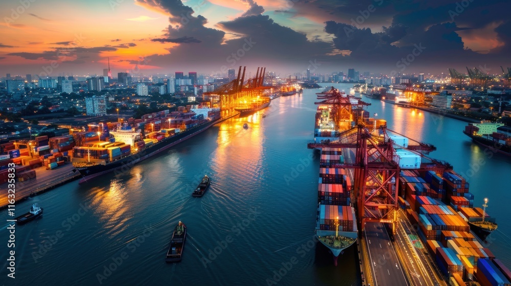 Fototapeta premium Maritime logistics center at night beautifully lit, AI generated image