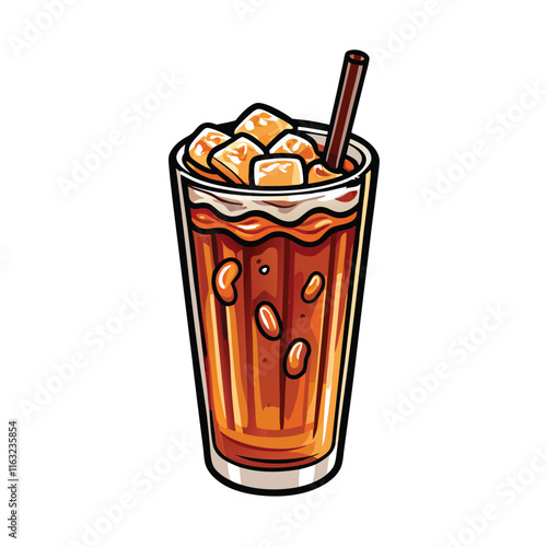 Create a vibrant vector illustration of Thai iced tea in a tall glass, garnished with ice and a wedge of lime.  Show the rich, orange-red color vividly.