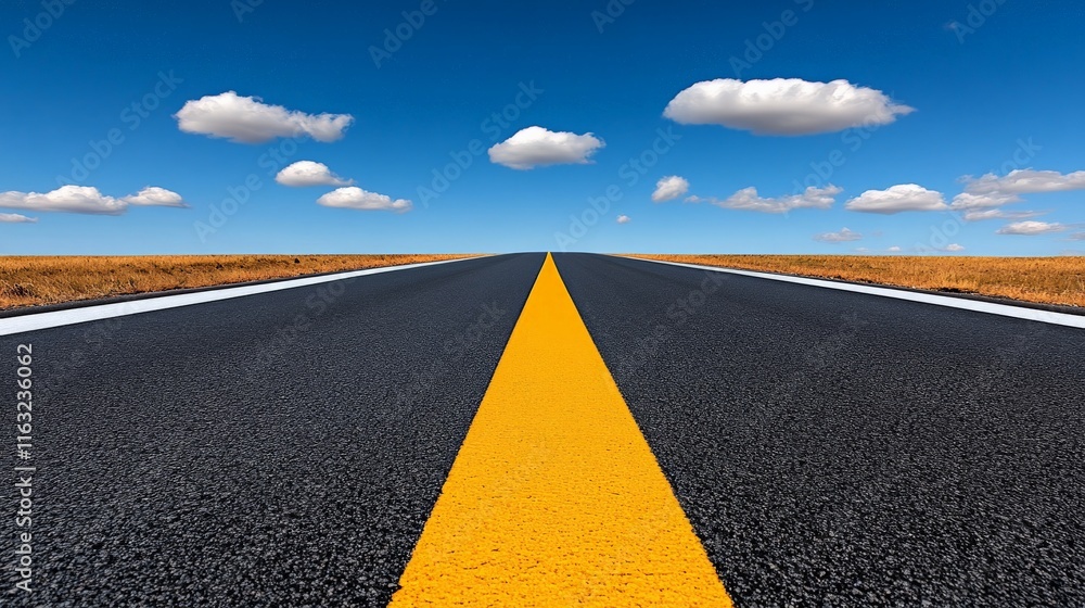 Naklejka premium Open Road to Success: A long, straight asphalt road stretches out towards a horizon of blue sky and fluffy clouds, symbolizing the journey of progress and limitless possibilities.