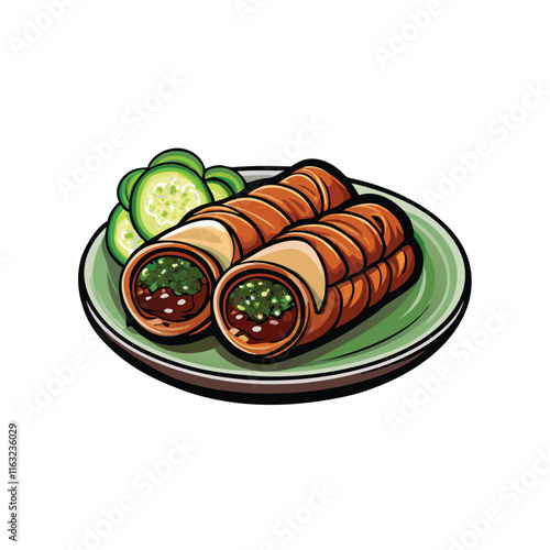 Create a vibrant vector illustration of crispy Peking duck, showcasing glistening skin and rich, succulent meat.  Include details like orange-reddish skin and finely sliced pieces.