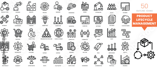 Set of minimalist linear product lifecycle management icons. Vector illustration