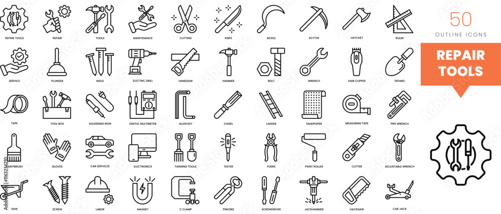 Set of minimalist linear repair tools icons. Vector illustration Set of minimalist linear repair tools icons. Vector illustration