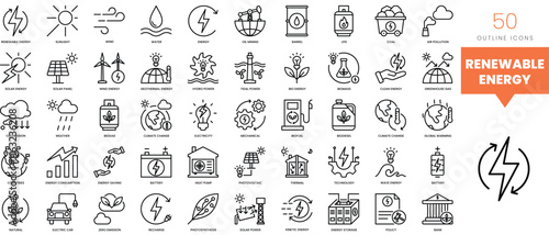 Set of minimalist linear renewable energy icons. Vector illustration