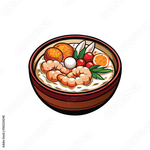 Create a vibrant vector illustration of a steaming bowl of seafood congee, showcasing shrimp, fish, and scallions.  Include a spoon.