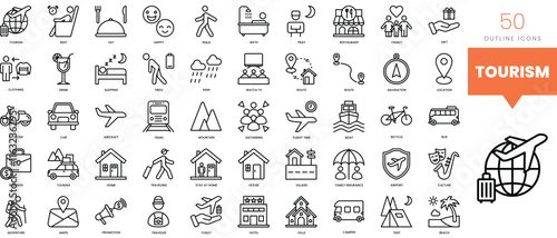 Set of minimalist linear tourism icons. Vector illustration