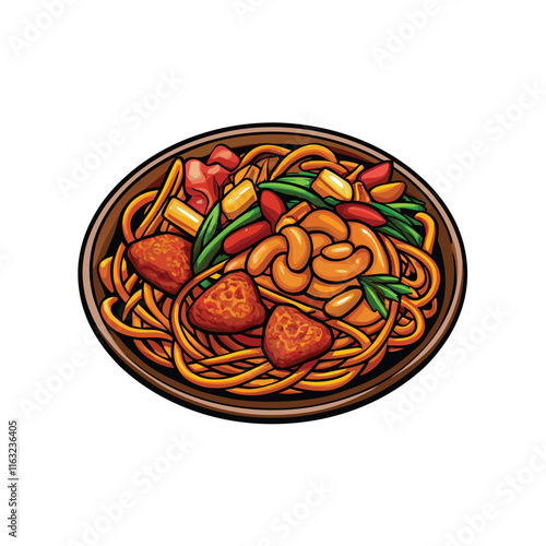 Create a vibrant vector illustration of a delicious plate of chow mein noodles, showcasing textures and colors realistically.  Include a single, identifiable garnish.