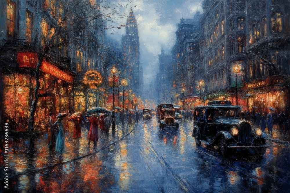 Obraz premium Rainy Evening on a Vibrant City Street