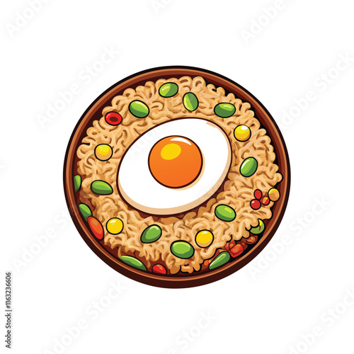 Create a vibrant vector illustration of egg fried rice, showcasing fluffy rice, scrambled egg, and scattered green peas.  Focus on detailed textures and appetizing colors.