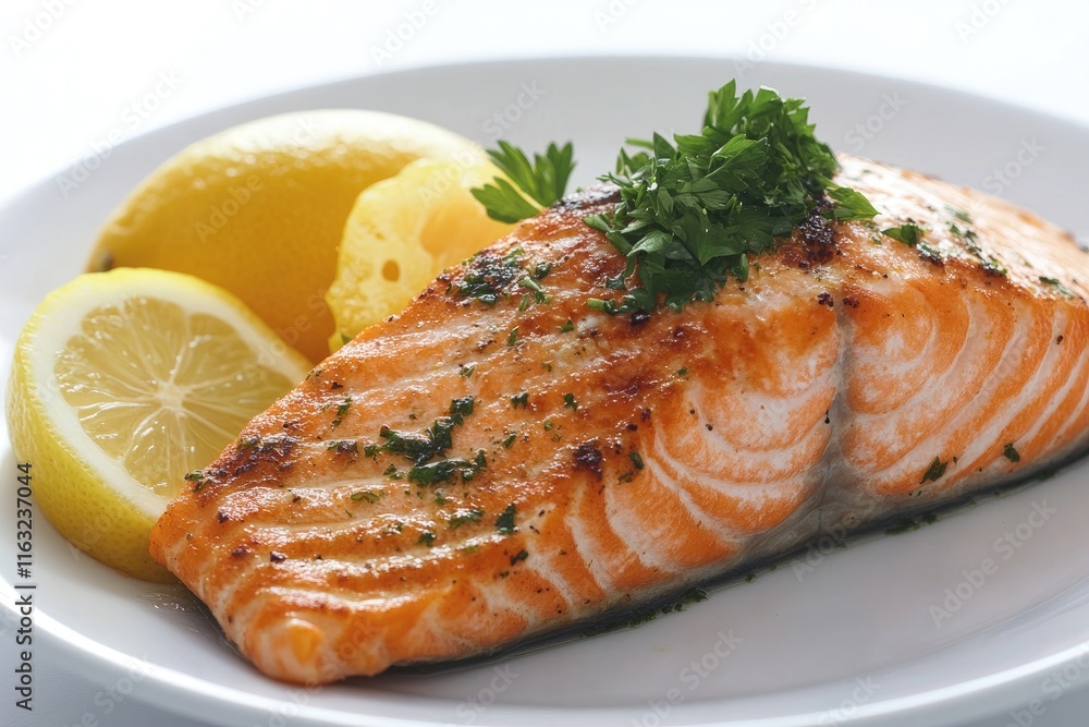 Grilled Salmon Fillet Served with Lemon Slices and Parsley Grilled Salmon Fillet Served with Lemon Slices and Parsley