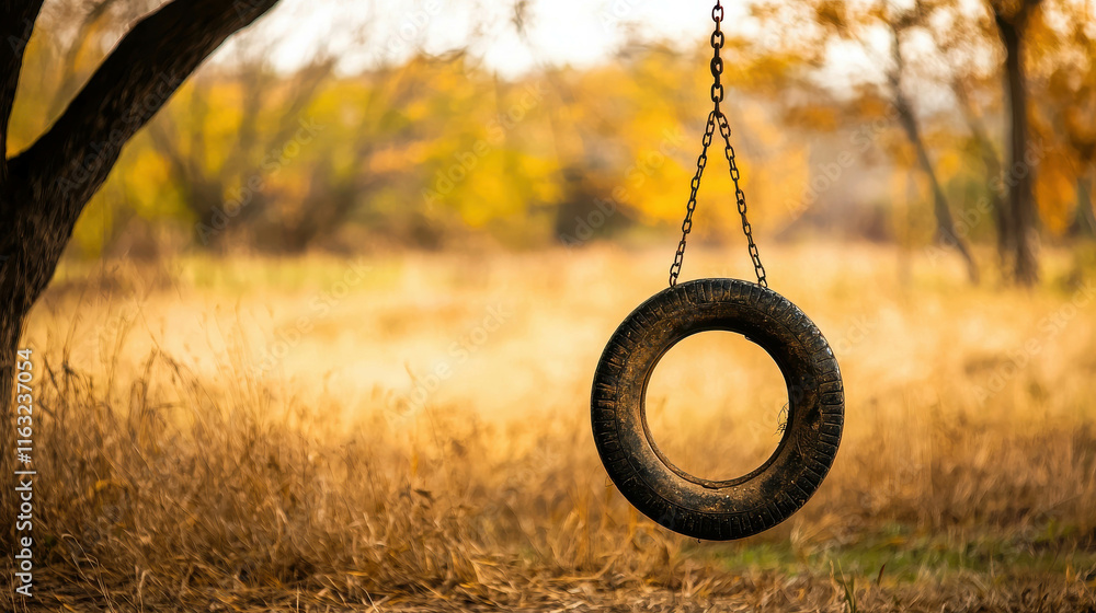 Old Weathered Playground Tire Swing in Serene Natural Setting Old Weathered Playground Tire Swing in Serene Natural Setting