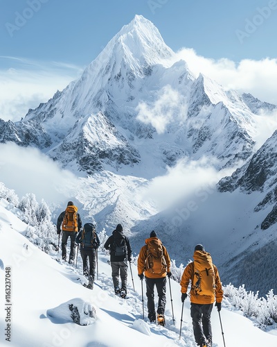 Group of hikers in awe of a snowcovered mountain peak, dramatic winter scene, rugged alpine landscape, snowfilled surroundings photo