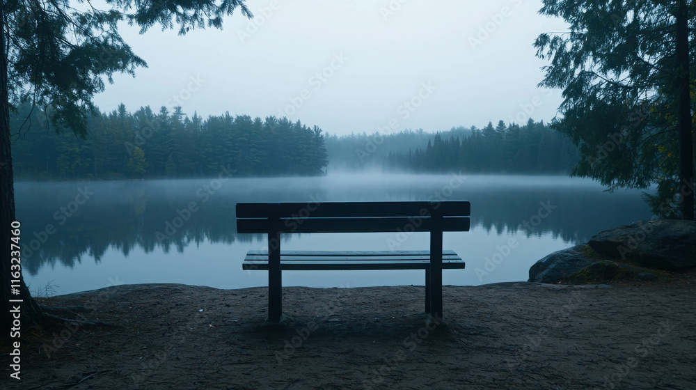 Serene Unoccupied Bench by Misty Lake in Early Morning Light Serene Unoccupied Bench by Misty Lake in Early Morning Light