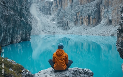 Hiking journey at Sorapis Lake, Dolomite Mountains, stunning turquoise lake, majestic peaks, naturefilled adventure, peaceful solitude photo