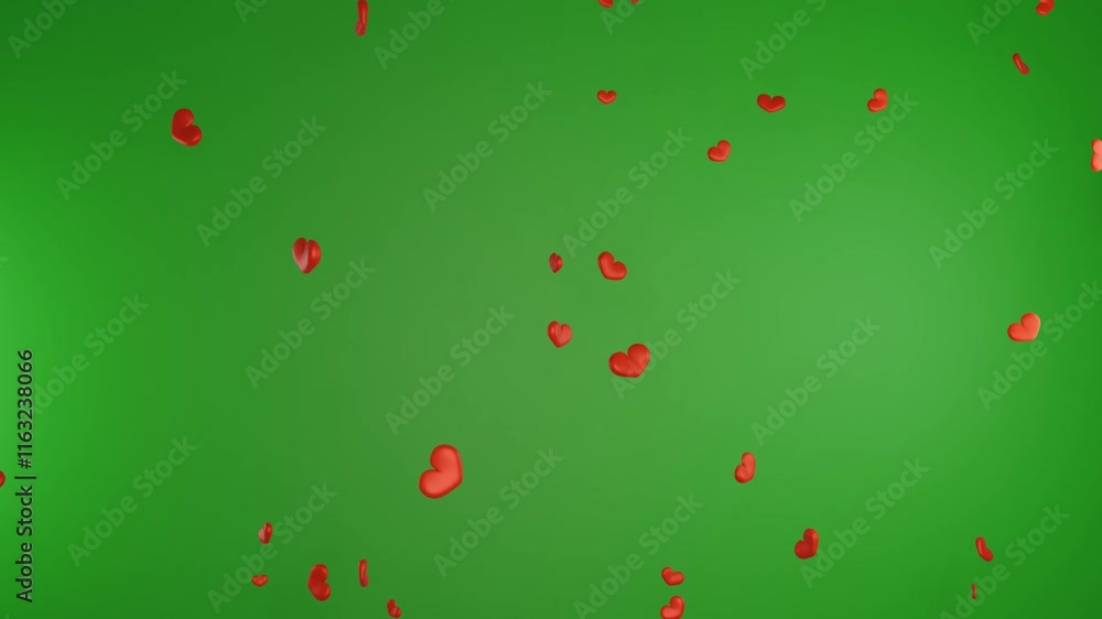 Happy valentine day congratulation with pink 3d heart rain shapes flying with green background chroma key Happy valentine day congratulation with pink 3d heart rain shapes flying with green background chroma key