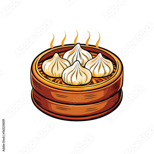 Create a vibrant vector illustration of a steaming bamboo basket brimming with freshly cooked food, emphasizing texture and light.